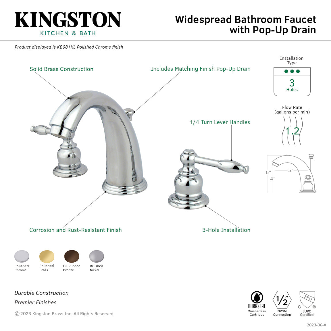 Knight KB981KL Two-Handle 3-Hole Deck Mount Widespread Bathroom Faucet with Plastic Pop-Up, Polished Chrome