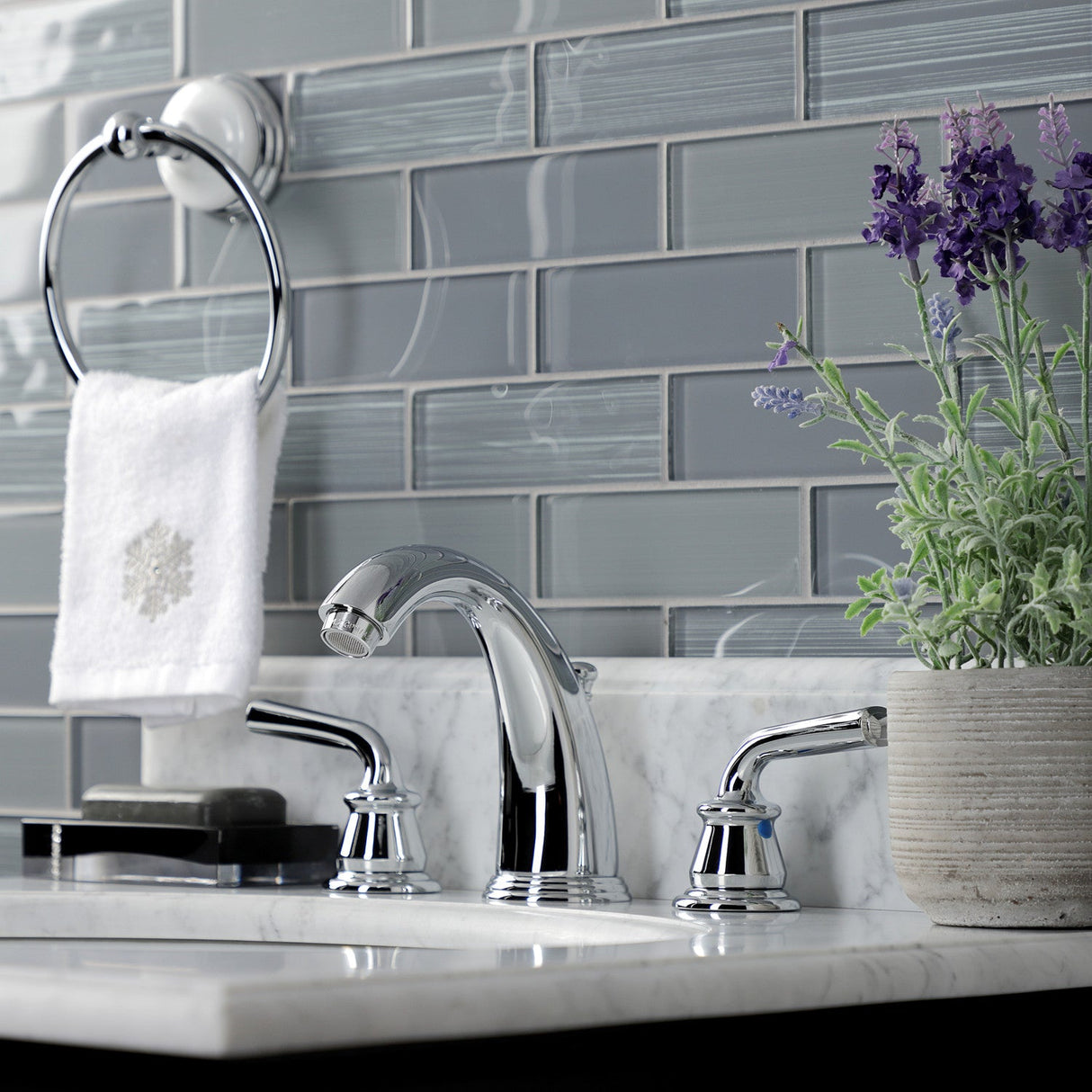 Restoration KB981RXL Two-Handle 3-Hole Deck Mount Widespread Bathroom Faucet with Plastic Pop-Up, Polished Chrome