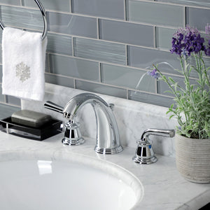 Restoration KB981RXL Two-Handle 3-Hole Deck Mount Widespread Bathroom Faucet with Plastic Pop-Up, Polished Chrome