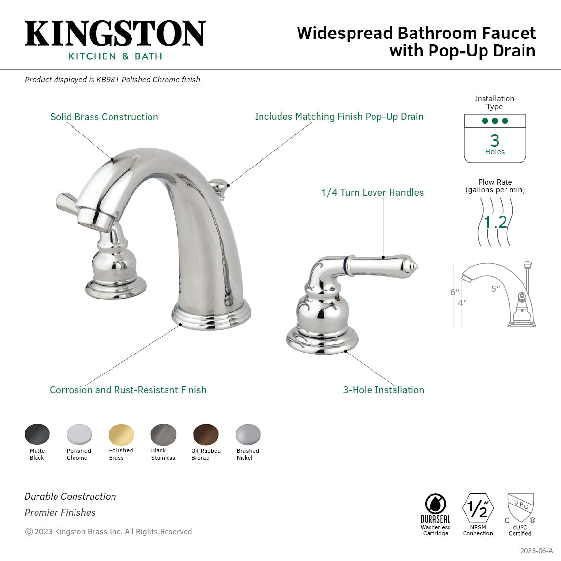 Magellan KB982 Two-Handle 3-Hole Deck Mount Widespread Bathroom Faucet with Plastic Pop-Up, Polished Brass