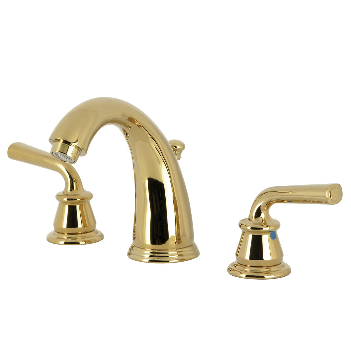 Restoration KB982RXL Two-Handle 3-Hole Deck Mount Widespread Bathroom Faucet with Plastic Pop-Up, Polished Brass