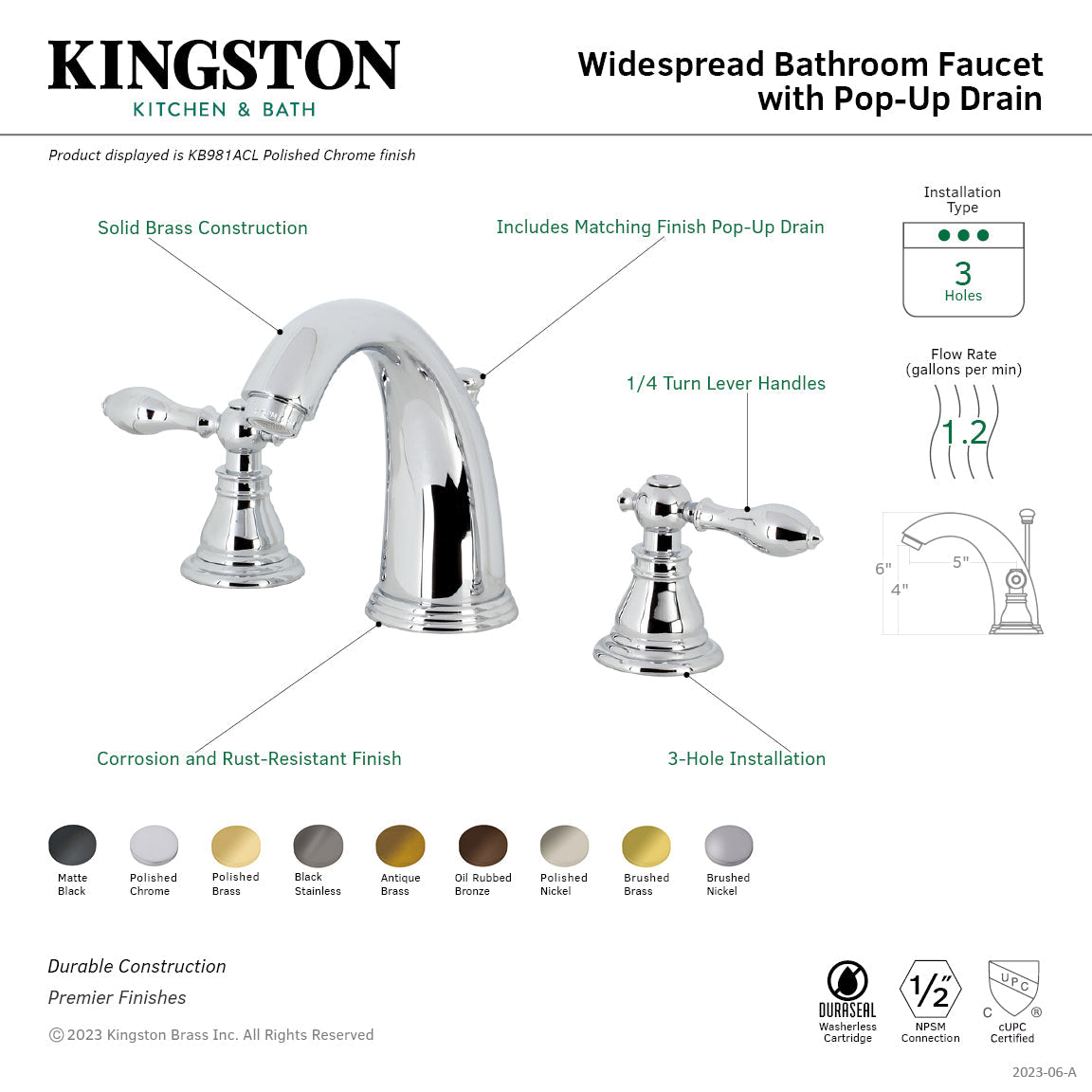 American Classic KB983ACL Two-Handle 3-Hole Deck Mount Widespread Bathroom Faucet with Plastic Pop-Up, Black Stainless