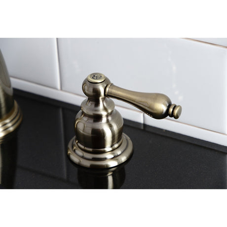 Victorian KB983ALAB Two-Handle 3-Hole Deck Mount Widespread Bathroom Faucet with Plastic Pop-Up, Antique Brass