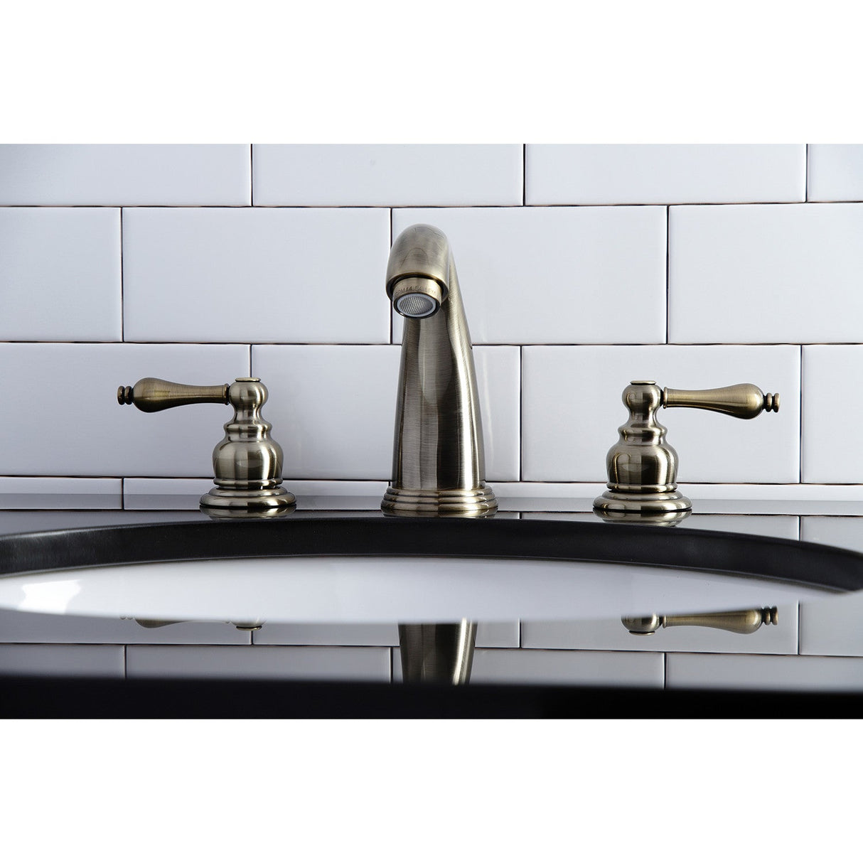 Victorian KB983ALAB Two-Handle 3-Hole Deck Mount Widespread Bathroom Faucet with Plastic Pop-Up, Antique Brass