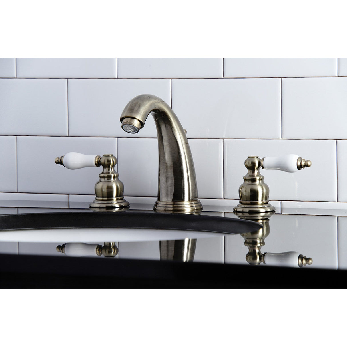 Victorian KB983PLAB Two-Handle 3-Hole Deck Mount Widespread Bathroom Faucet with Plastic Pop-Up, Antique Brass