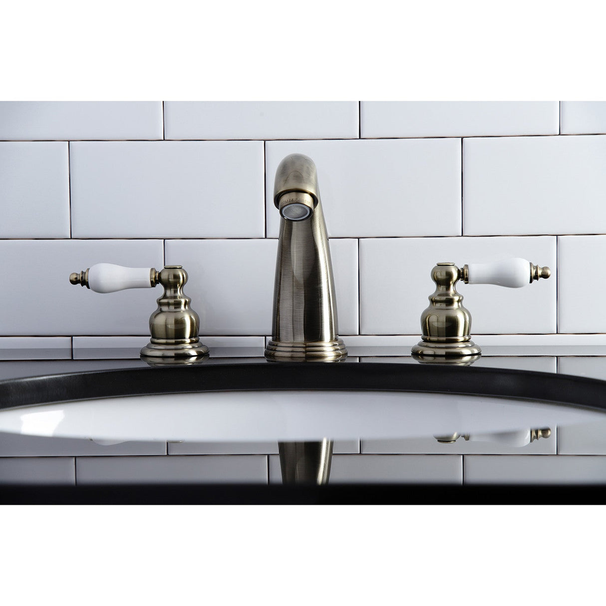 Victorian KB983PLAB Two-Handle 3-Hole Deck Mount Widespread Bathroom Faucet with Plastic Pop-Up, Antique Brass