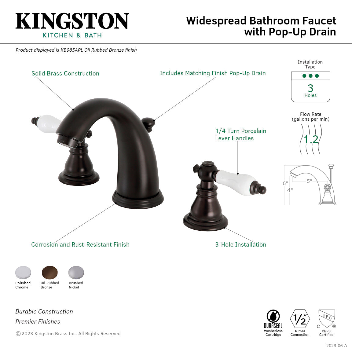 American Patriot KB985APL Two-Handle 3-Hole Deck Mount Widespread Bathroom Faucet with Plastic Pop-Up, Oil Rubbed Bronze