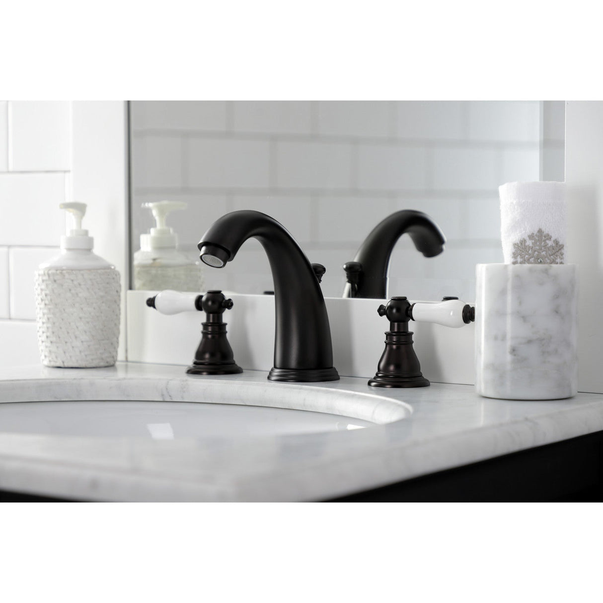 American Patriot KB985APL Two-Handle 3-Hole Deck Mount Widespread Bathroom Faucet with Plastic Pop-Up, Oil Rubbed Bronze