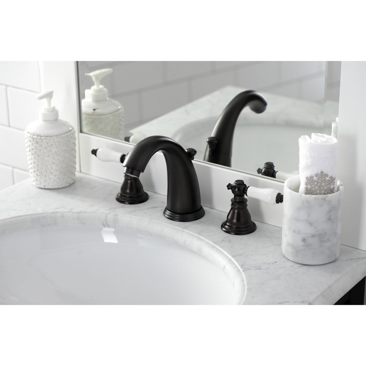 American Patriot KB985APL Two-Handle 3-Hole Deck Mount Widespread Bathroom Faucet with Plastic Pop-Up, Oil Rubbed Bronze