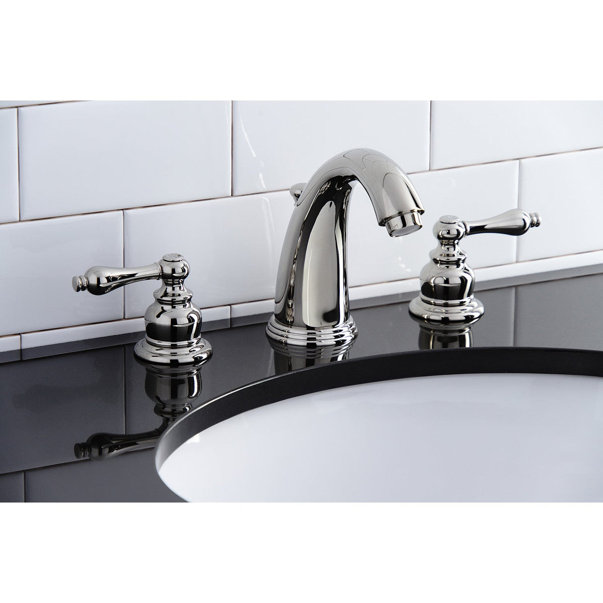 Victorian KB986ALPN Two-Handle 3-Hole Deck Mount Widespread Bathroom Faucet with Plastic Pop-Up, Polished Nickel