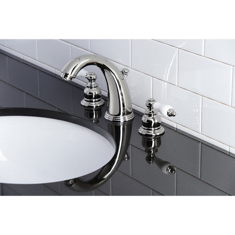 Victorian KB986PLPN Two-Handle 3-Hole Deck Mount Widespread Bathroom Faucet with Plastic Pop-Up, Polished Nickel