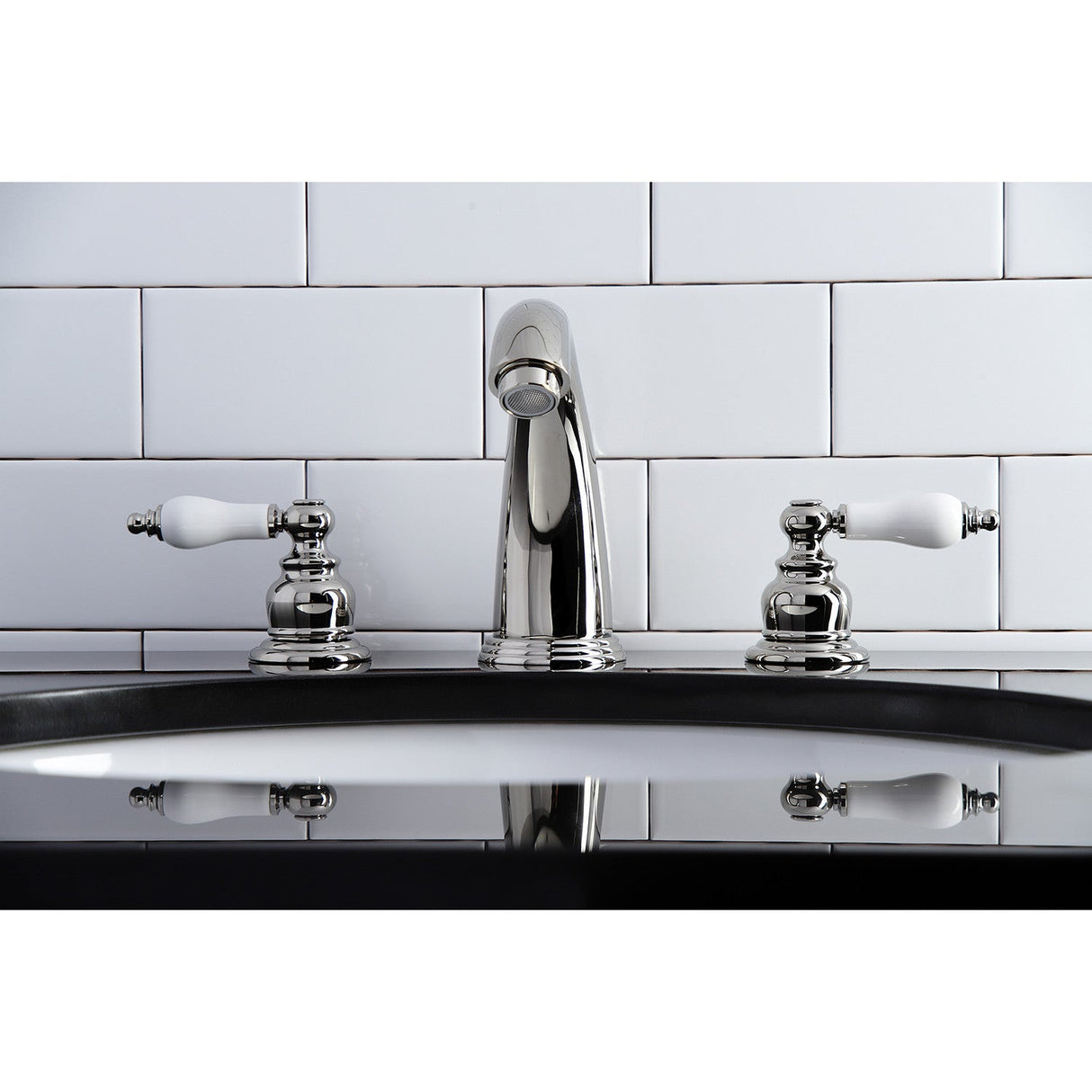 Victorian KB986PLPN Two-Handle 3-Hole Deck Mount Widespread Bathroom Faucet with Plastic Pop-Up, Polished Nickel