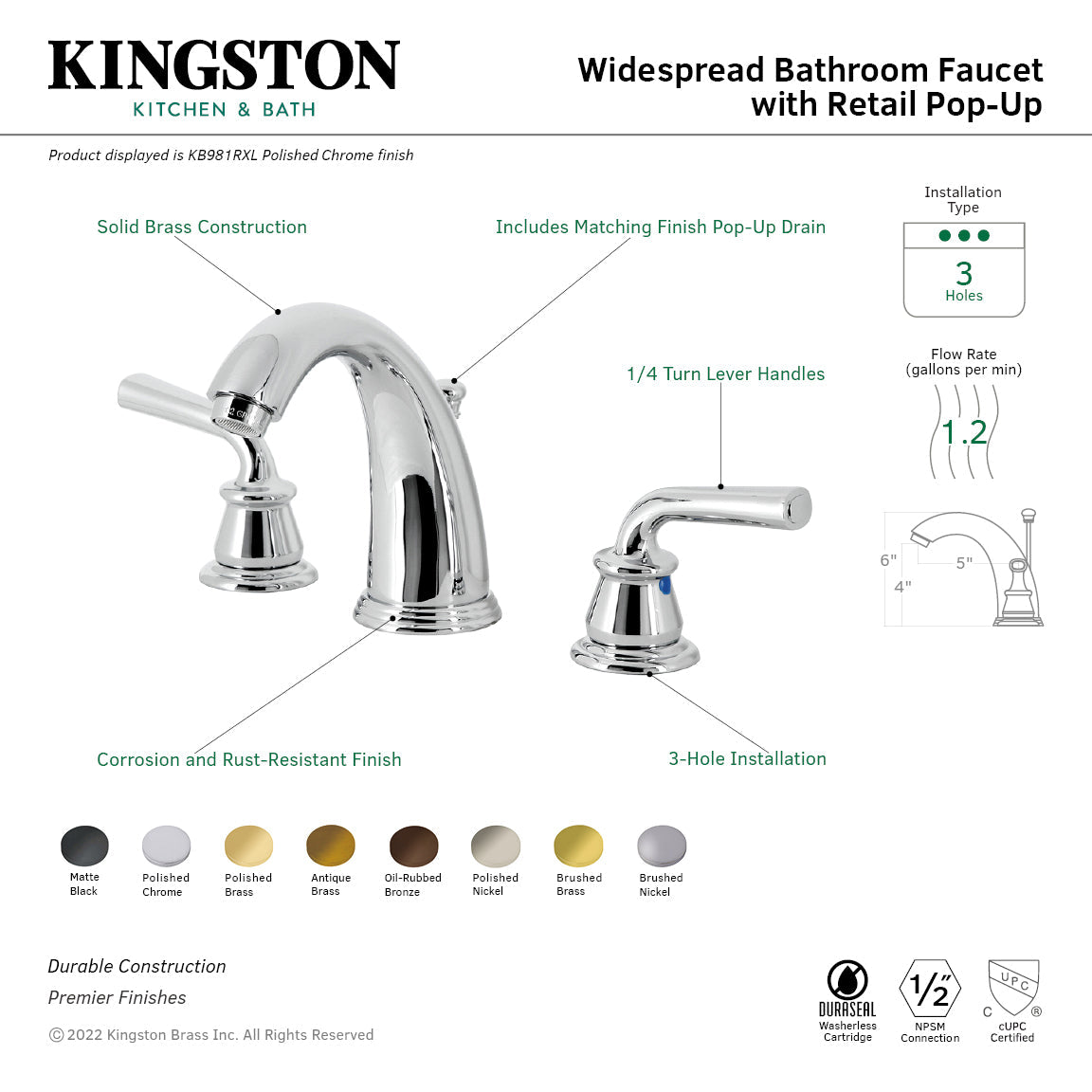 Restoration KB986RXLPN Two-Handle 3-Hole Deck Mount Widespread Bathroom Faucet with Plastic Pop-Up, Polished Nickel