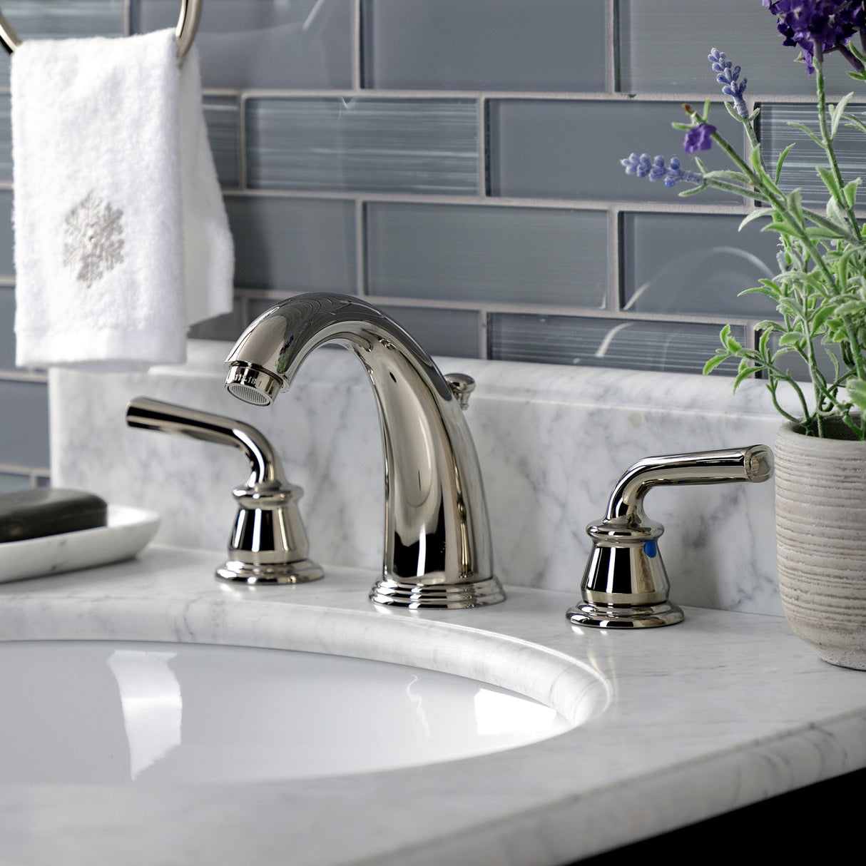 Restoration KB986RXLPN Two-Handle 3-Hole Deck Mount Widespread Bathroom Faucet with Plastic Pop-Up, Polished Nickel