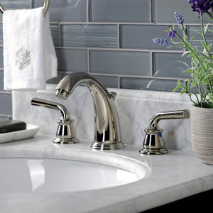 Restoration KB986RXLPN Two-Handle 3-Hole Deck Mount Widespread Bathroom Faucet with Plastic Pop-Up, Polished Nickel
