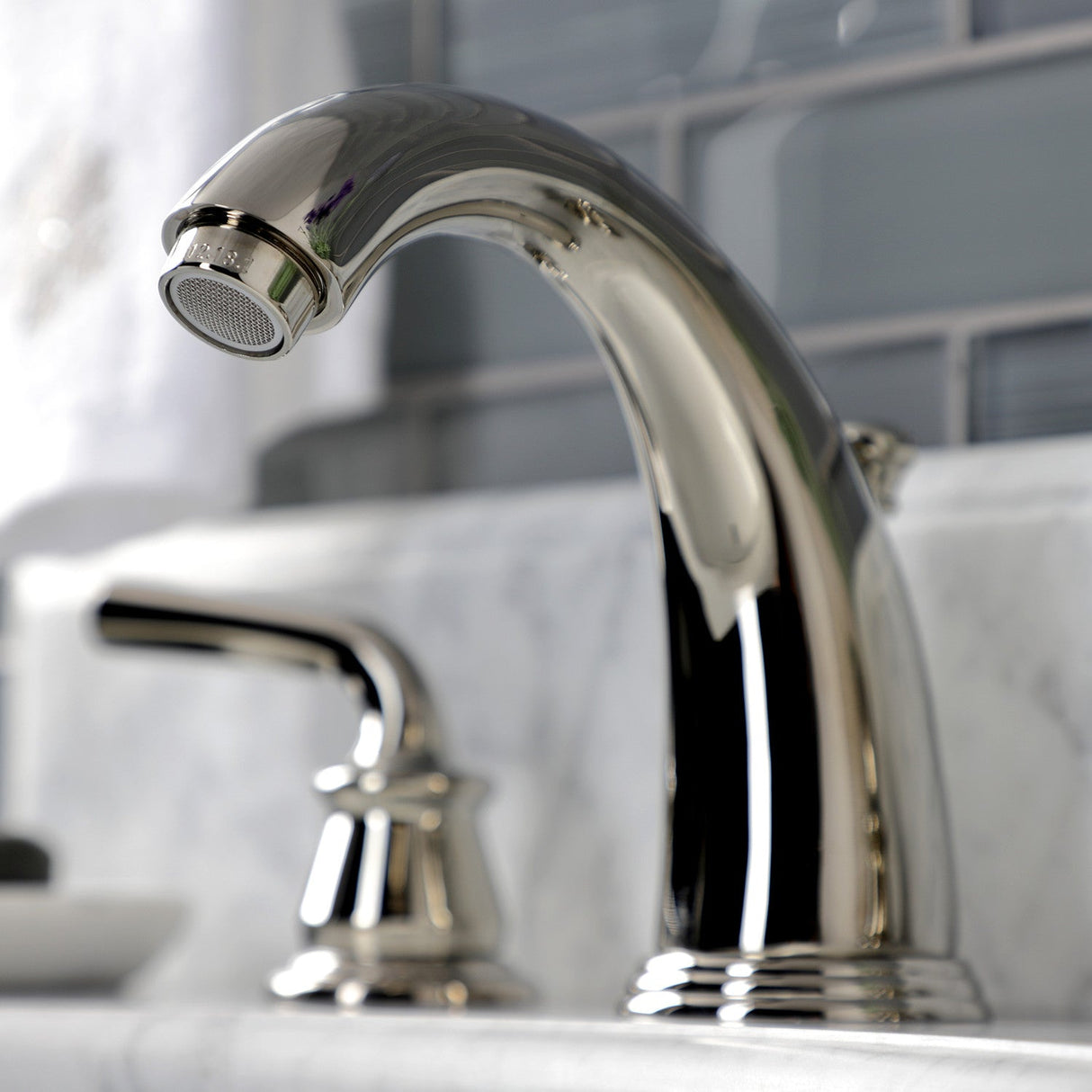 Restoration KB986RXLPN Two-Handle 3-Hole Deck Mount Widespread Bathroom Faucet with Plastic Pop-Up, Polished Nickel