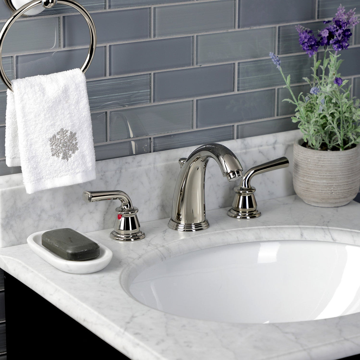 Restoration KB986RXLPN Two-Handle 3-Hole Deck Mount Widespread Bathroom Faucet with Plastic Pop-Up, Polished Nickel