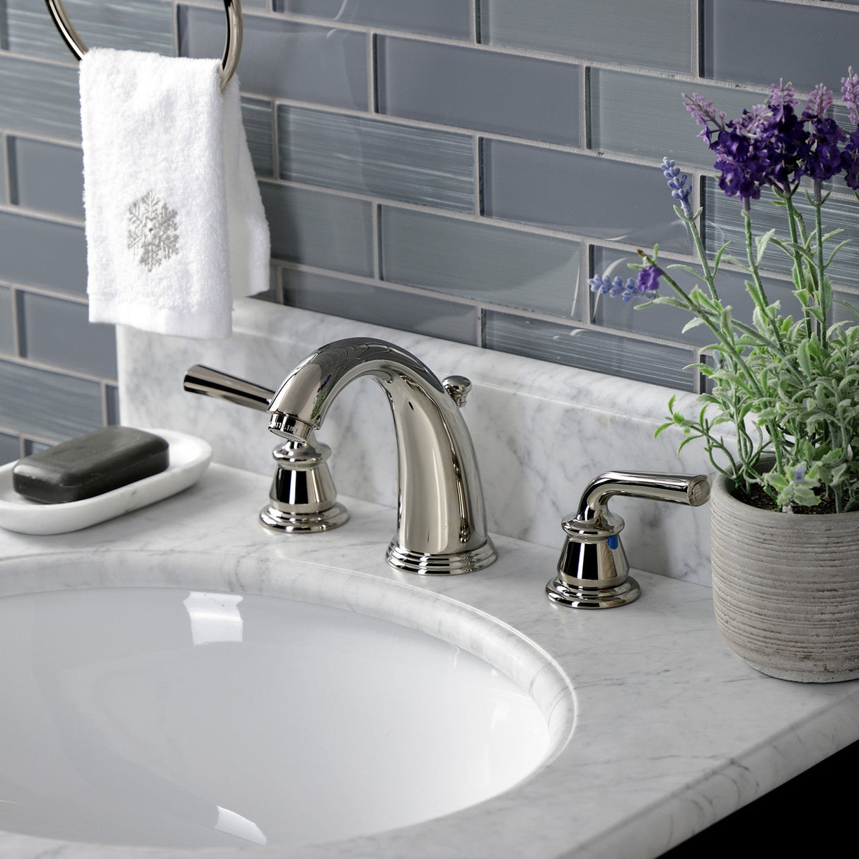 Restoration KB986RXLPN Two-Handle 3-Hole Deck Mount Widespread Bathroom Faucet with Plastic Pop-Up, Polished Nickel