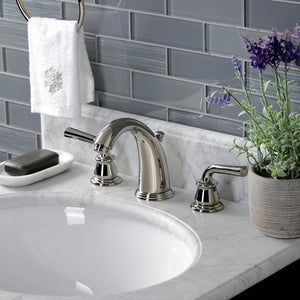 Restoration KB986RXLPN Two-Handle 3-Hole Deck Mount Widespread Bathroom Faucet with Plastic Pop-Up, Polished Nickel