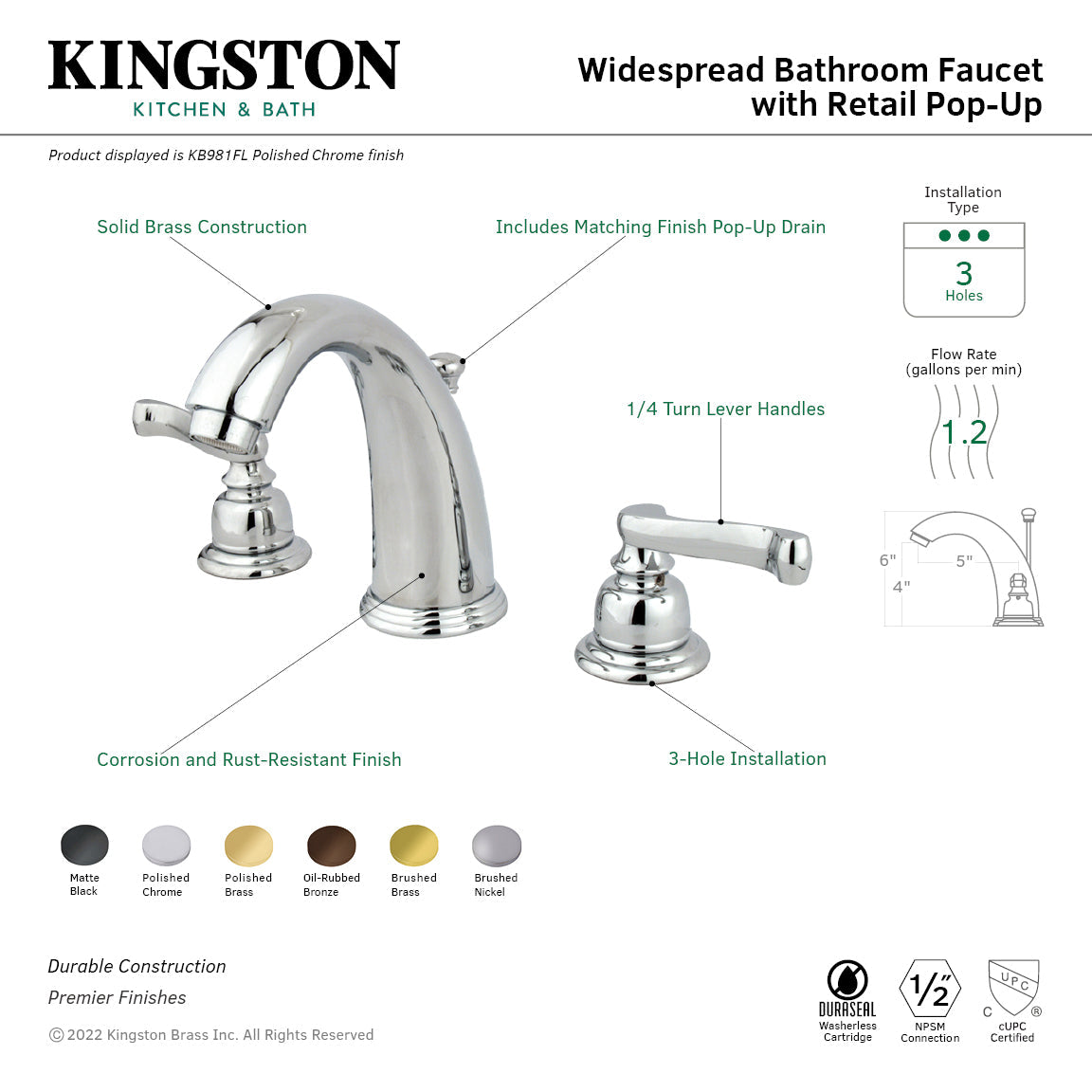 Royale KB987FL Two-Handle 3-Hole Deck Mount Widespread Bathroom Faucet with Plastic Pop-Up, Brushed Brass