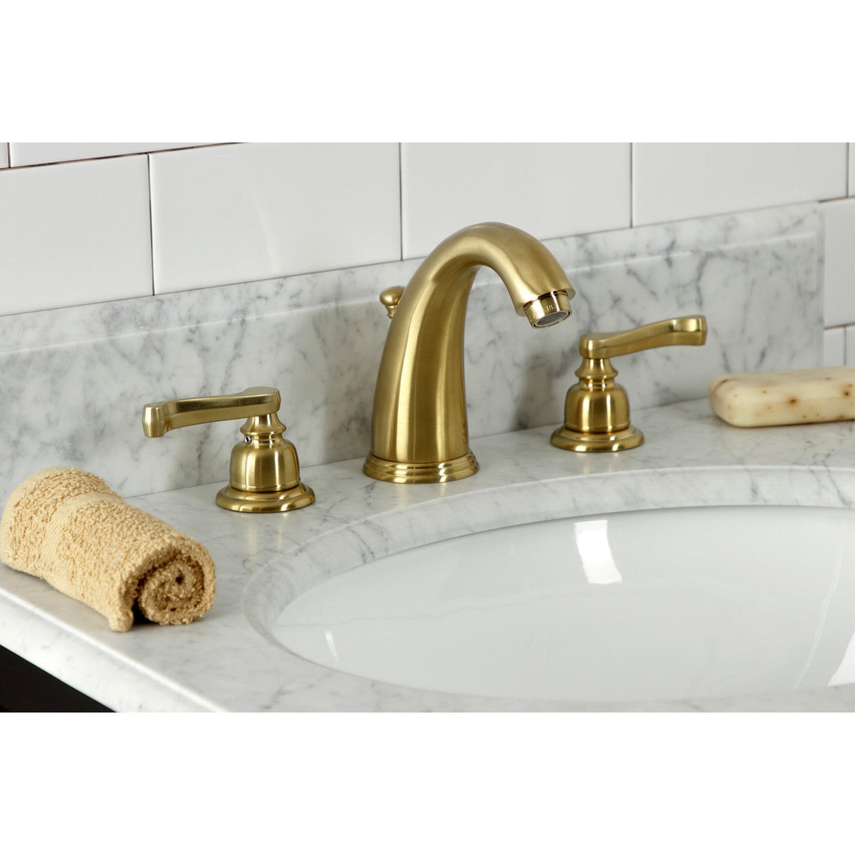 Royale KB987FL Two-Handle 3-Hole Deck Mount Widespread Bathroom Faucet with Plastic Pop-Up, Brushed Brass