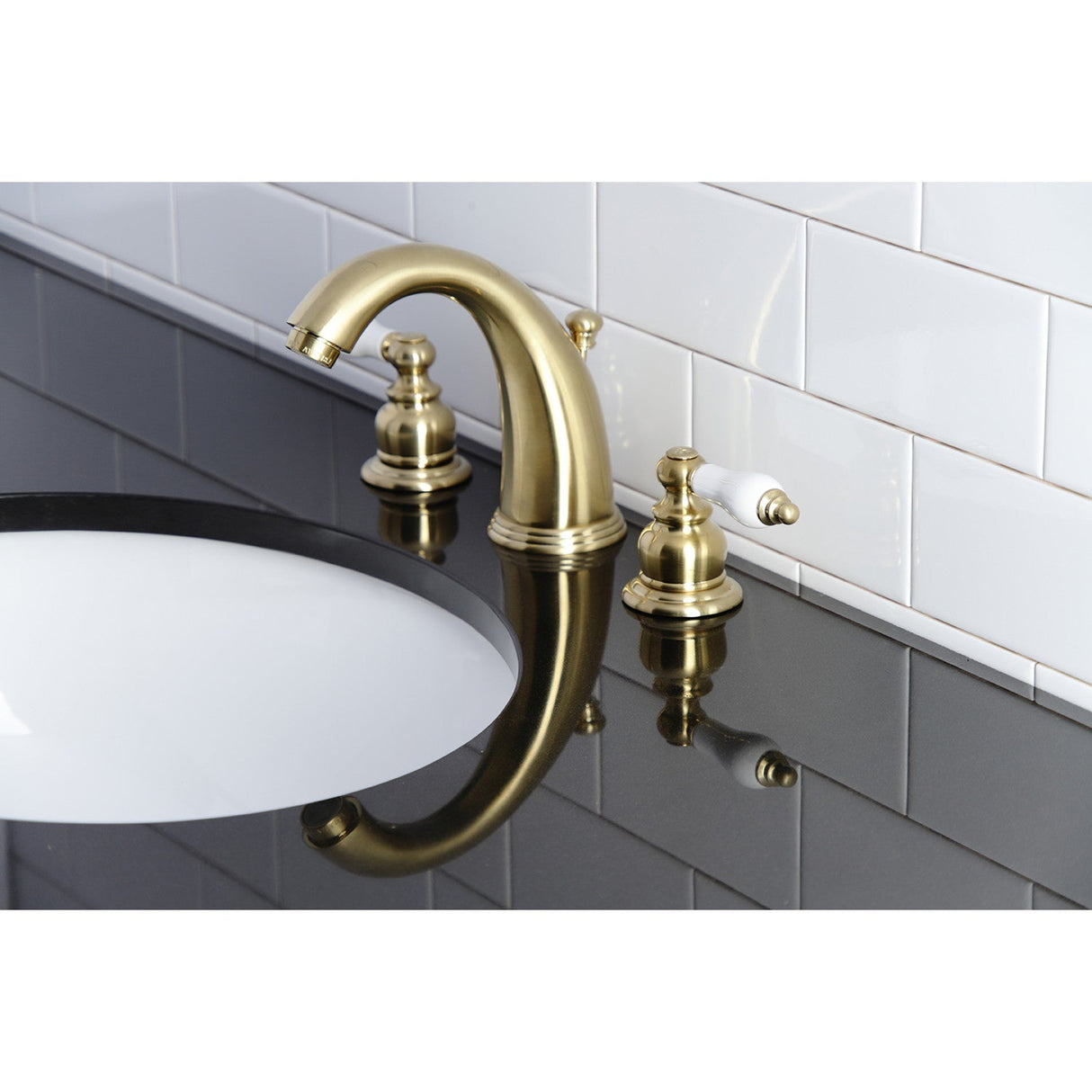 Victorian KB987PLSB Two-Handle 3-Hole Deck Mount Widespread Bathroom Faucet with Plastic Pop-Up, Brushed Brass