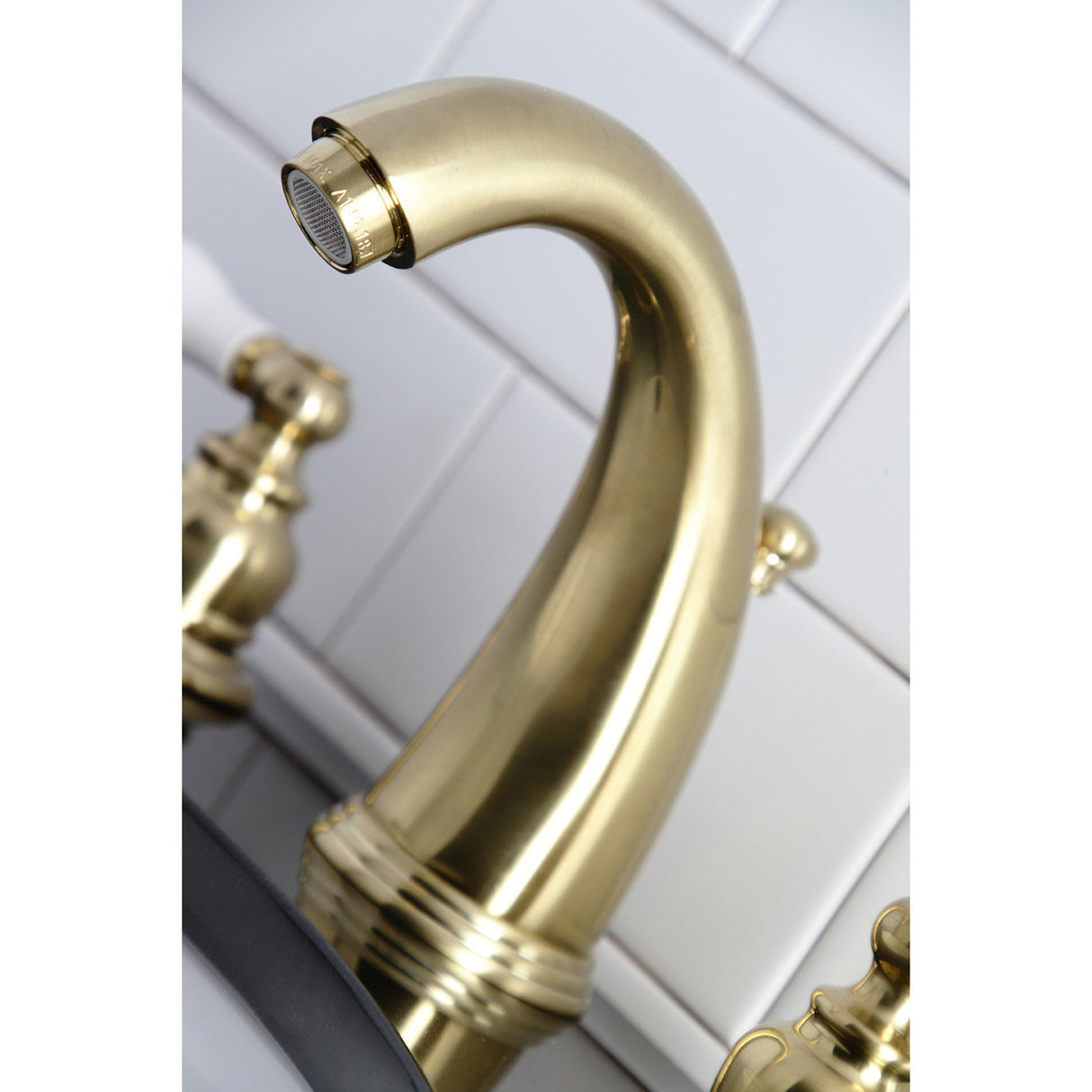 Victorian KB987PLSB Two-Handle 3-Hole Deck Mount Widespread Bathroom Faucet with Plastic Pop-Up, Brushed Brass