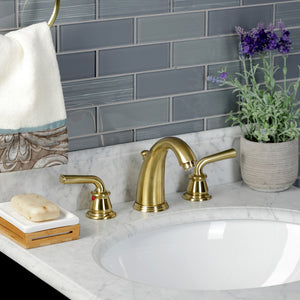 Restoration KB987RXLSB Two-Handle 3-Hole Deck Mount Widespread Bathroom Faucet with Plastic Pop-Up, Brushed Brass