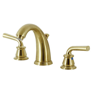 Restoration KB987RXLSB Two-Handle 3-Hole Deck Mount Widespread Bathroom Faucet with Plastic Pop-Up, Brushed Brass