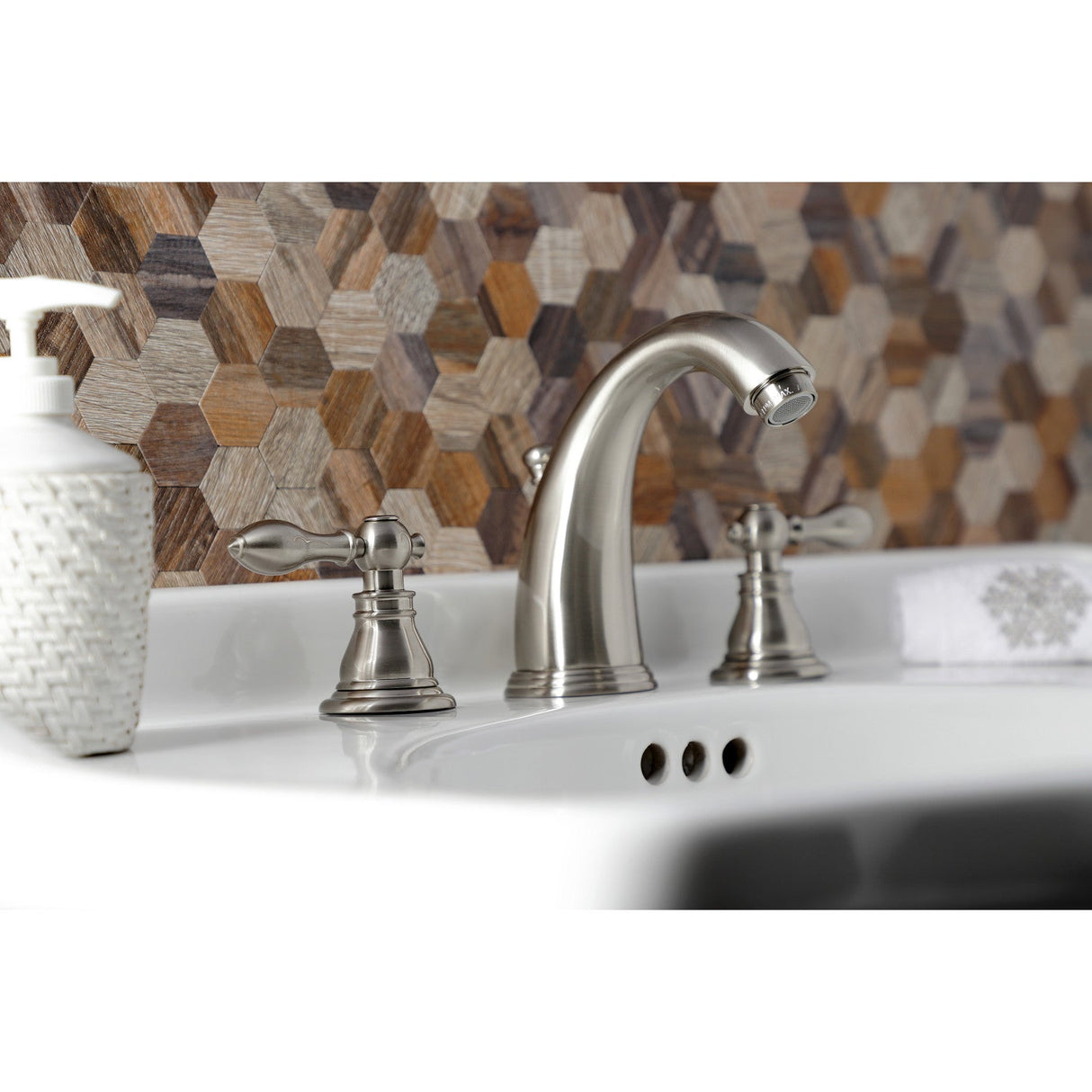 American Classic KB988ACL Two-Handle 3-Hole Deck Mount Widespread Bathroom Faucet with Plastic Pop-Up, Brushed Nickel