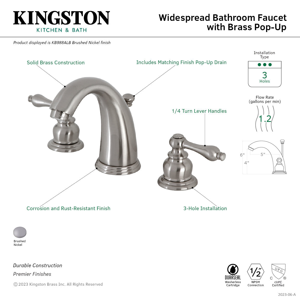 Victorian KB988ALB Two-Handle 3-Hole Deck Mount Widespread Bathroom Faucet with Brass Pop-Up, Brushed Nickel