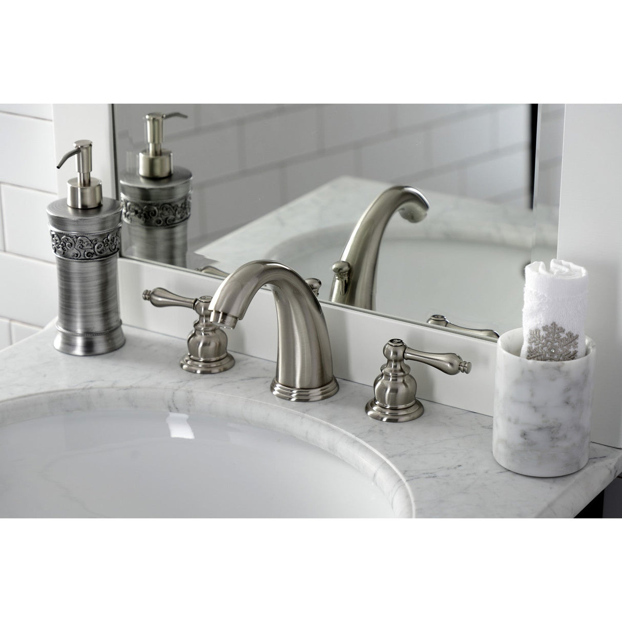 Victorian KB988ALB Two-Handle 3-Hole Deck Mount Widespread Bathroom Faucet with Brass Pop-Up, Brushed Nickel