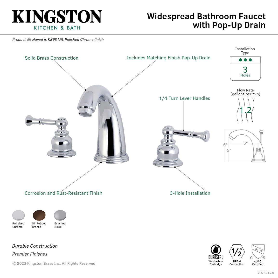 Naples KB988NL Two-Handle 3-Hole Deck Mount Widespread Bathroom Faucet with Plastic Pop-Up, Brushed Nickel