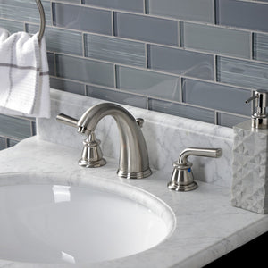 Restoration KB988RXL Two-Handle 3-Hole Deck Mount Widespread Bathroom Faucet with Plastic Pop-Up, Brushed Nickel