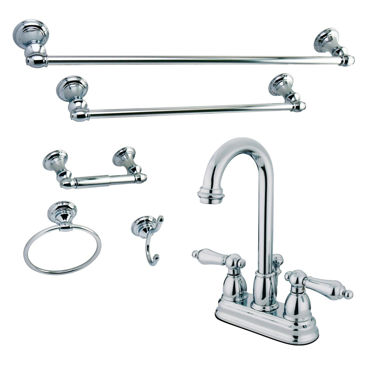KBK3611AL Two-Handle 3-Hole Deck Mount 4" Centerset Bathroom Faucet with 5-Piece Bathroom Accessories, Polished Chrome