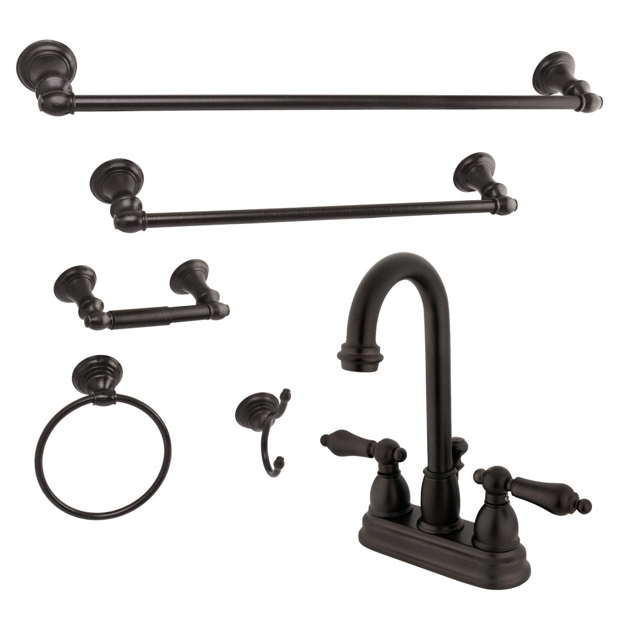 KBK3615AL Two-Handle 3-Hole Deck Mount 4" Centerset Bathroom Faucet with 5-Piece Bathroom Accessories, Oil Rubbed Bronze