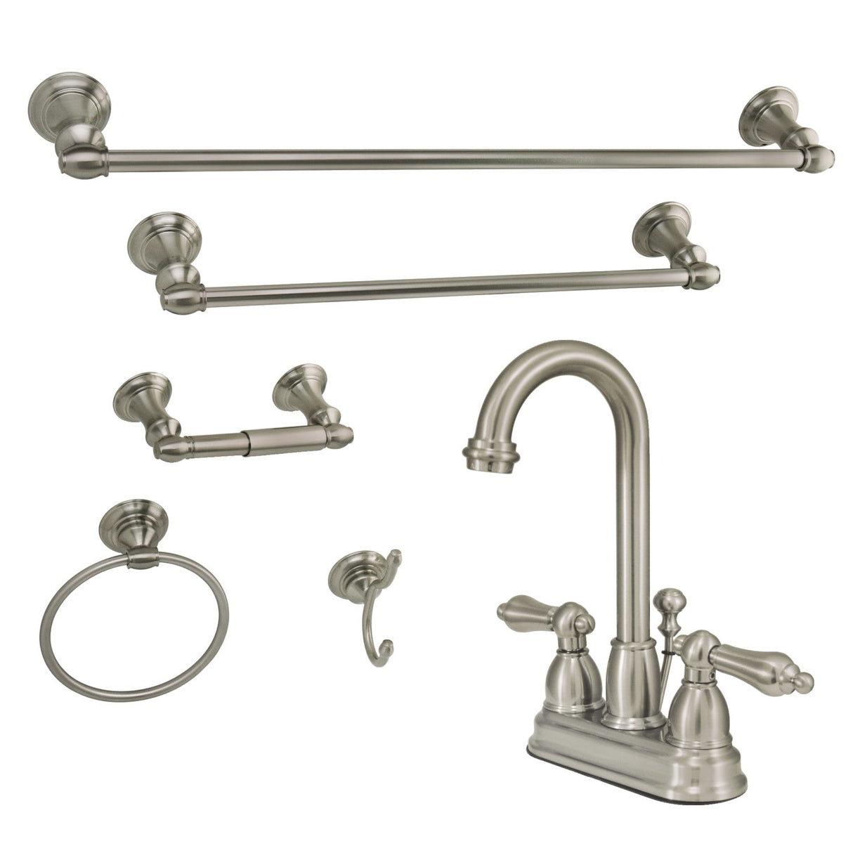 KBK3618AL Two-Handle 3-Hole Deck Mount 4" Centerset Bathroom Faucet with 5-Piece Bathroom Accessories, Brushed Nickel