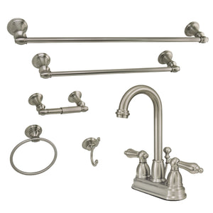 KBK3618AL Two-Handle 3-Hole Deck Mount 4" Centerset Bathroom Faucet with 5-Piece Bathroom Accessories, Brushed Nickel