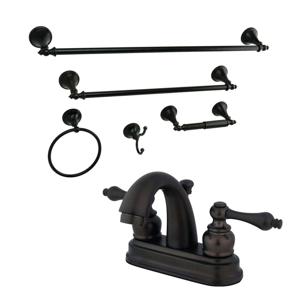 KBK5615AL Two-Handle 3-Hole Deck Mount 4" Centerset Bathroom Faucet with 5-Piece Bathroom Accessories, Oil Rubbed Bronze