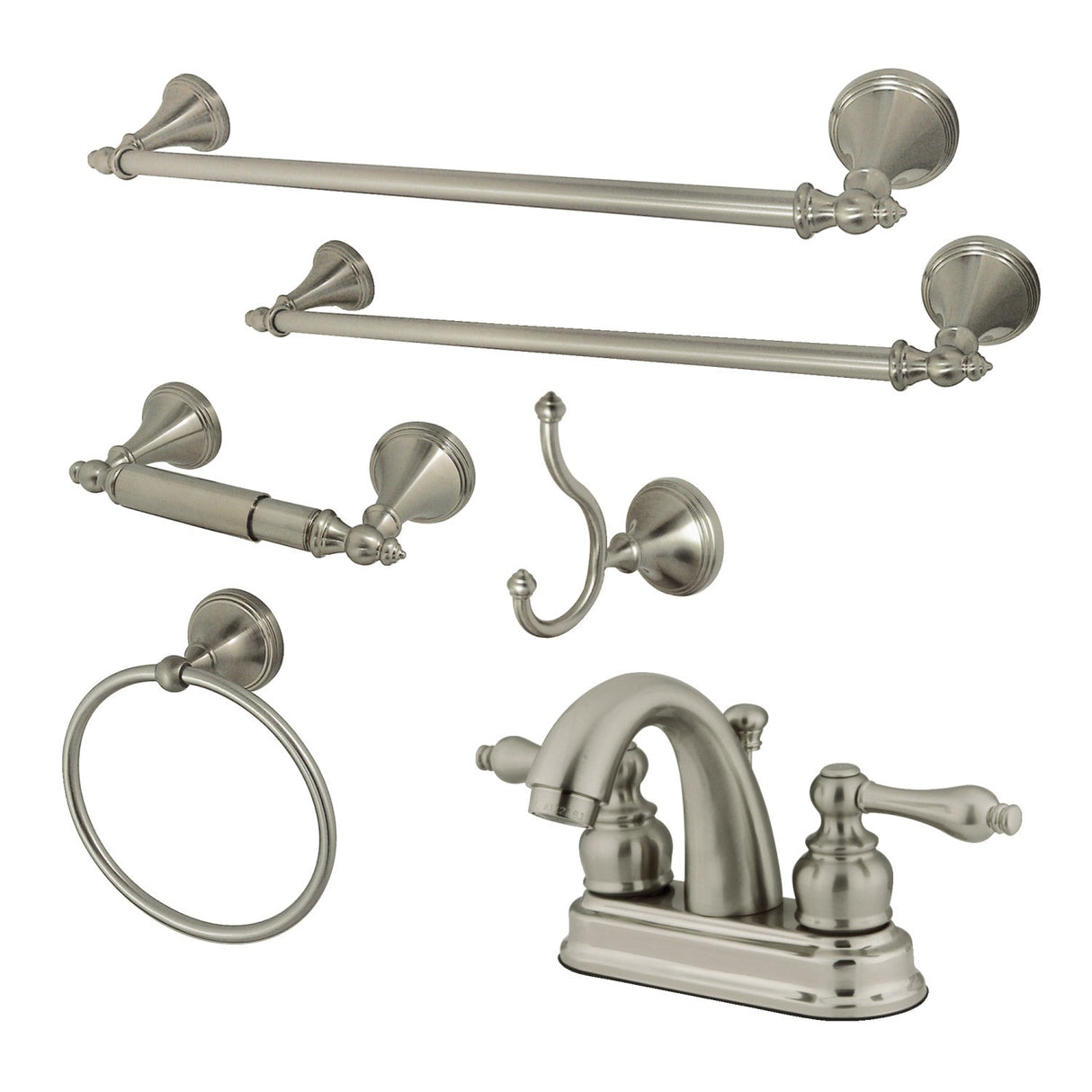 KBK5618AL Two-Handle 3-Hole Deck Mount 4" Centerset Bathroom Faucet with 5-Piece Bathroom Accessories, Brushed Nickel
