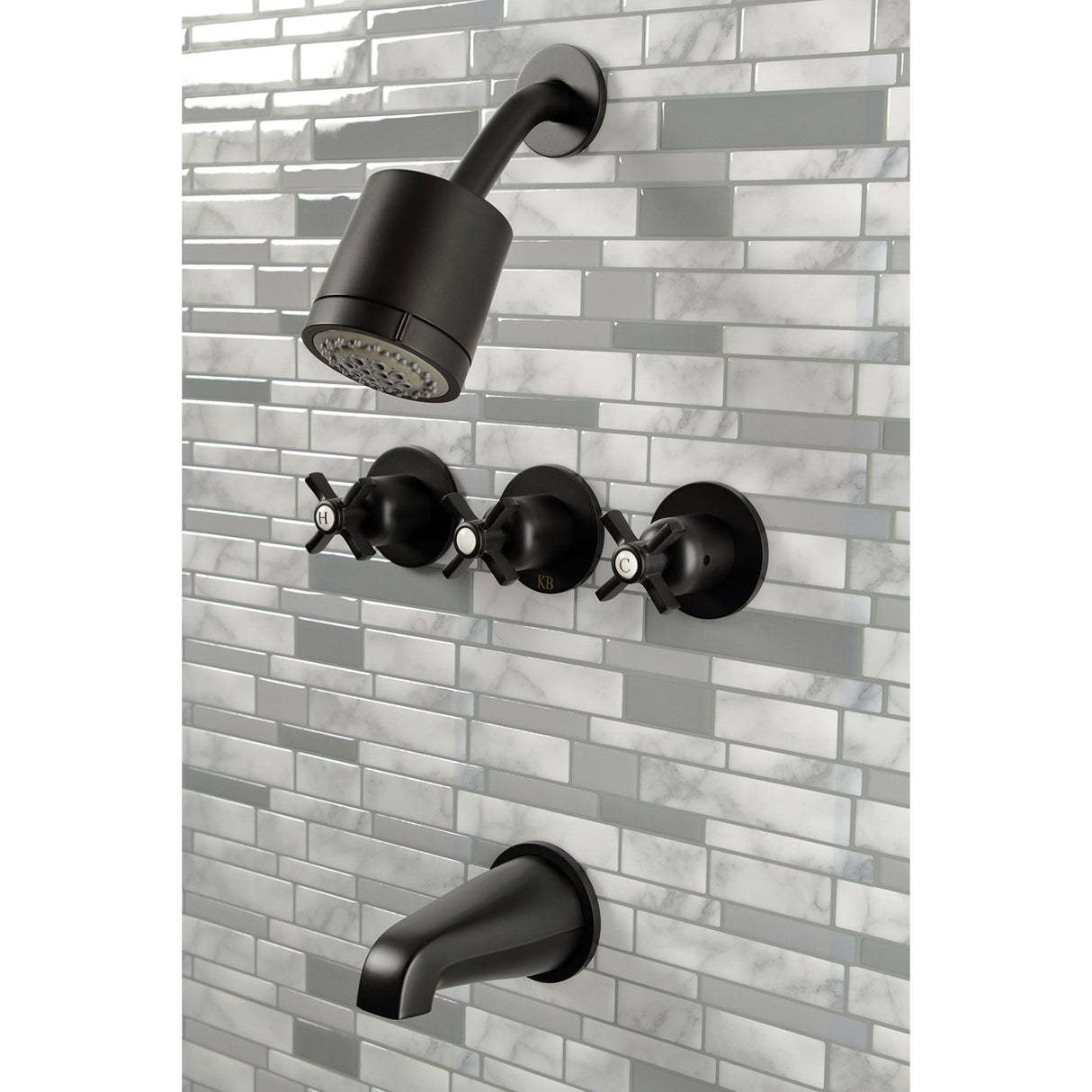 Millennium KBX8130ZX Three-Handle 5-Hole Wall Mount Tub and Shower Faucet, Matte Black