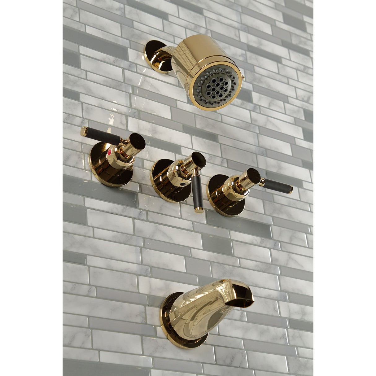Kaiser KBX8132DKL Three-Handle 5-Hole Wall Mount Tub and Shower Faucet, Polished Brass