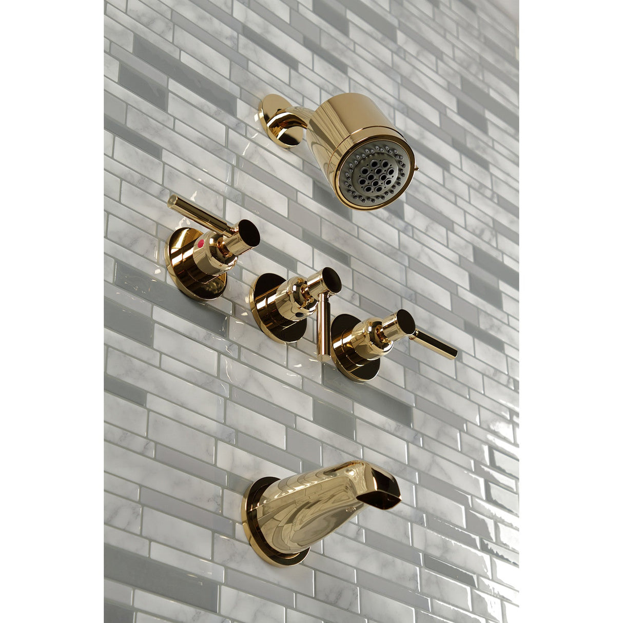 Concord KBX8132DL Three-Handle 5-Hole Wall Mount Tub and Shower Faucet, Polished Brass