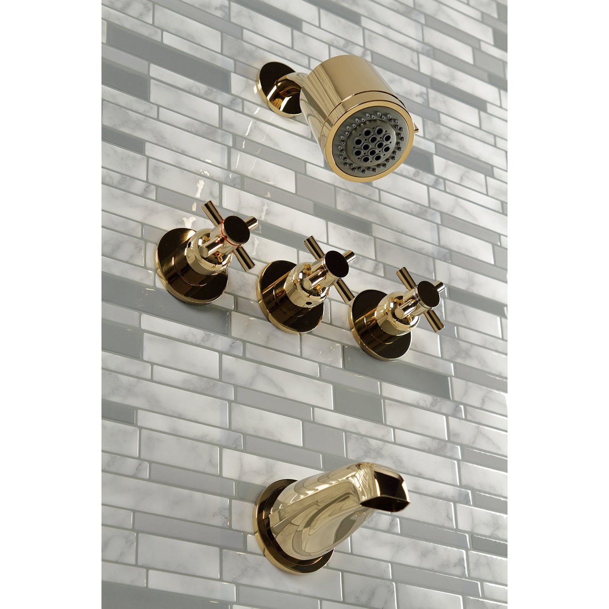 Concord KBX8132DX Three-Handle 5-Hole Wall Mount Tub and Shower Faucet, Polished Brass