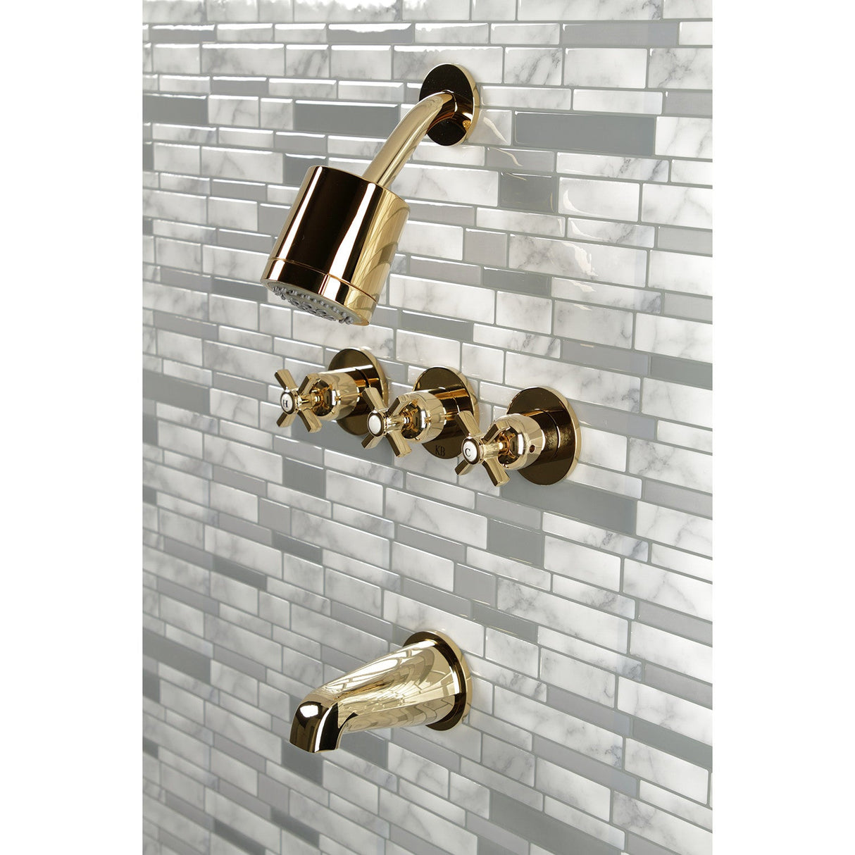 Millennium KBX8132ZX Three-Handle 5-Hole Wall Mount Tub and Shower Faucet, Polished Brass