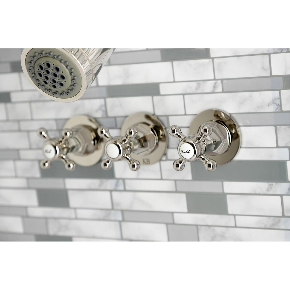 Metropolitan KBX8136BX Three-Handle 5-Hole Wall Mount Tub and Shower Faucet, Polished Nickel