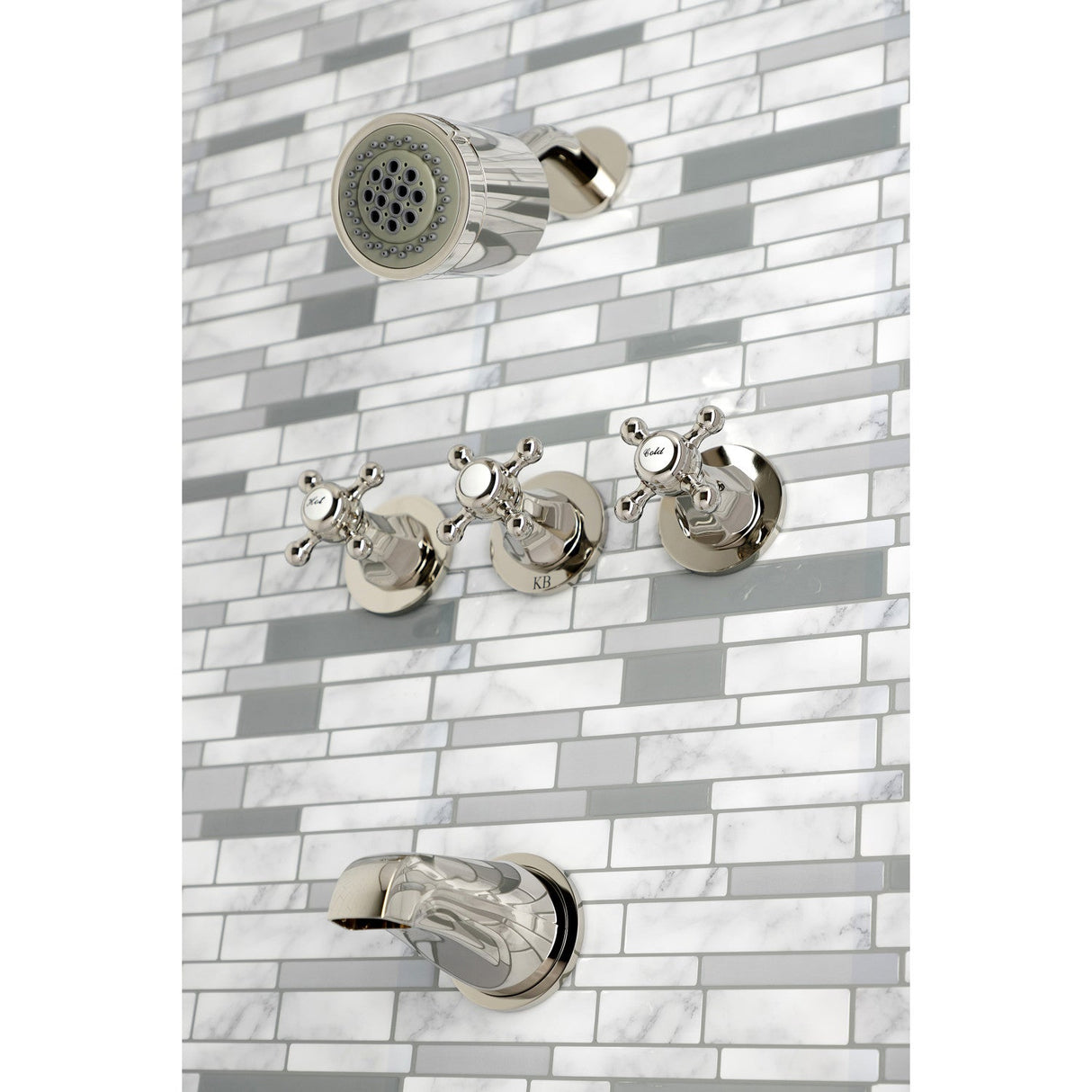 Metropolitan KBX8136BX Three-Handle 5-Hole Wall Mount Tub and Shower Faucet, Polished Nickel
