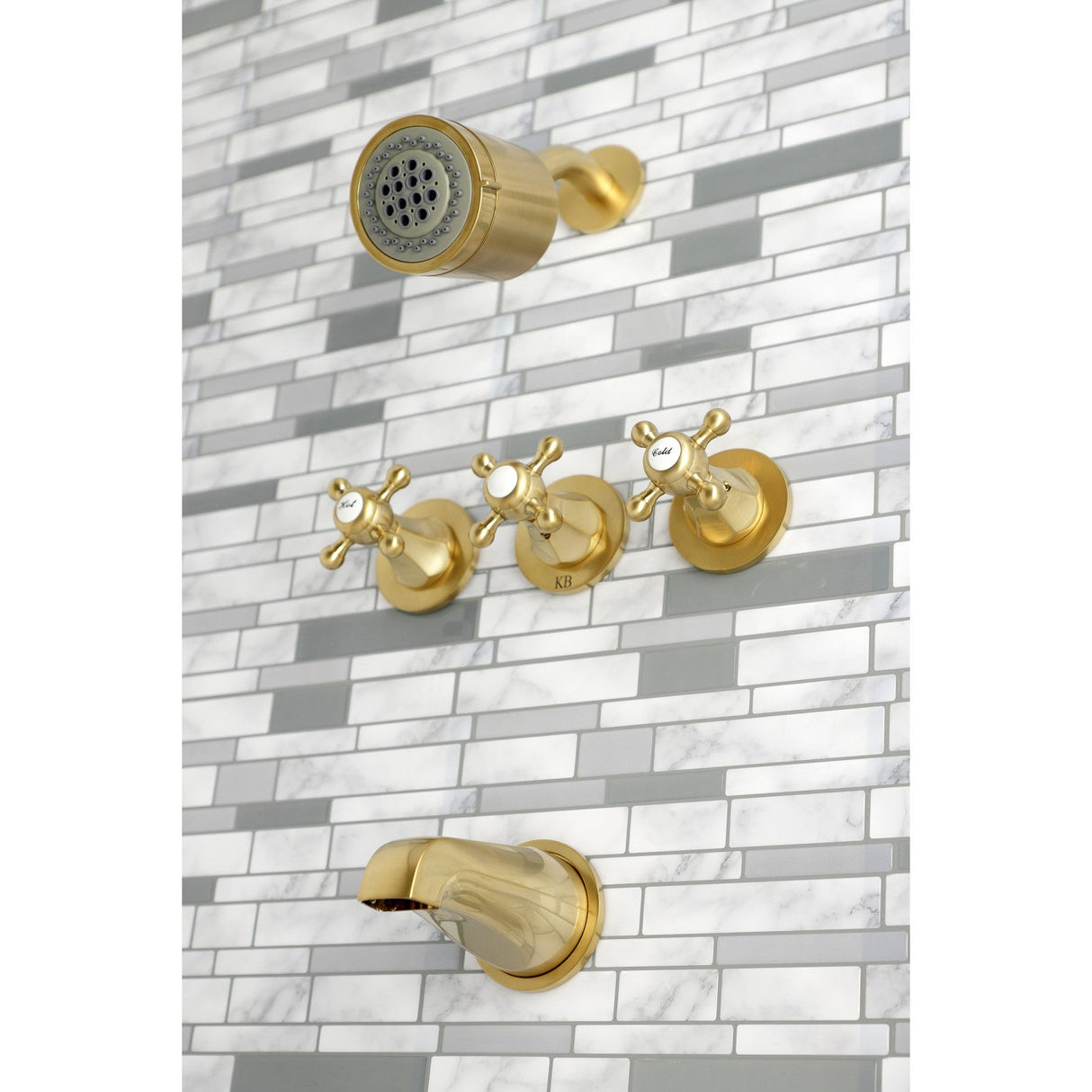 Metropolitan KBX8137BX Three-Handle 5-Hole Wall Mount Tub and Shower Faucet, Brushed Brass