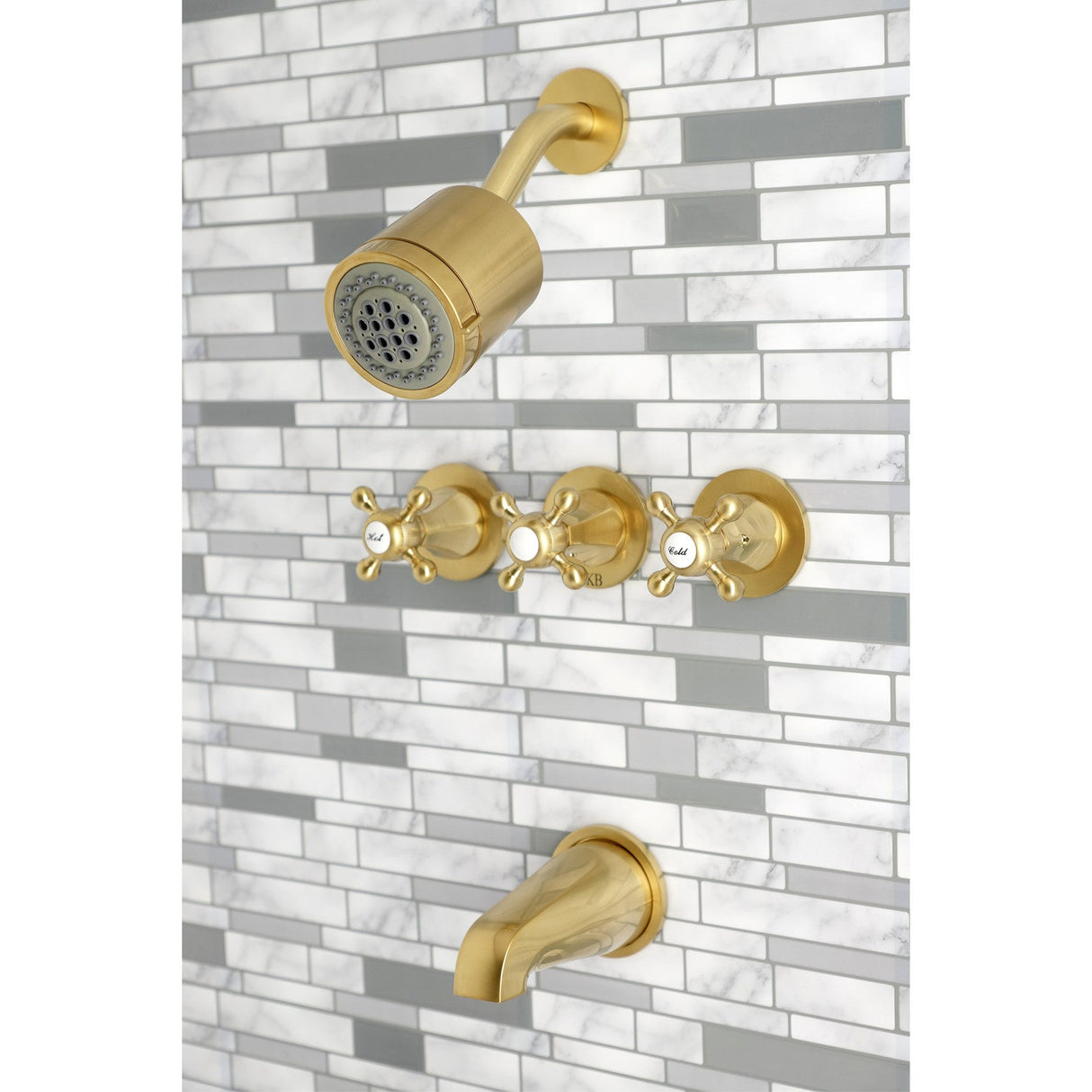 Metropolitan KBX8137BX Three-Handle 5-Hole Wall Mount Tub and Shower Faucet, Brushed Brass