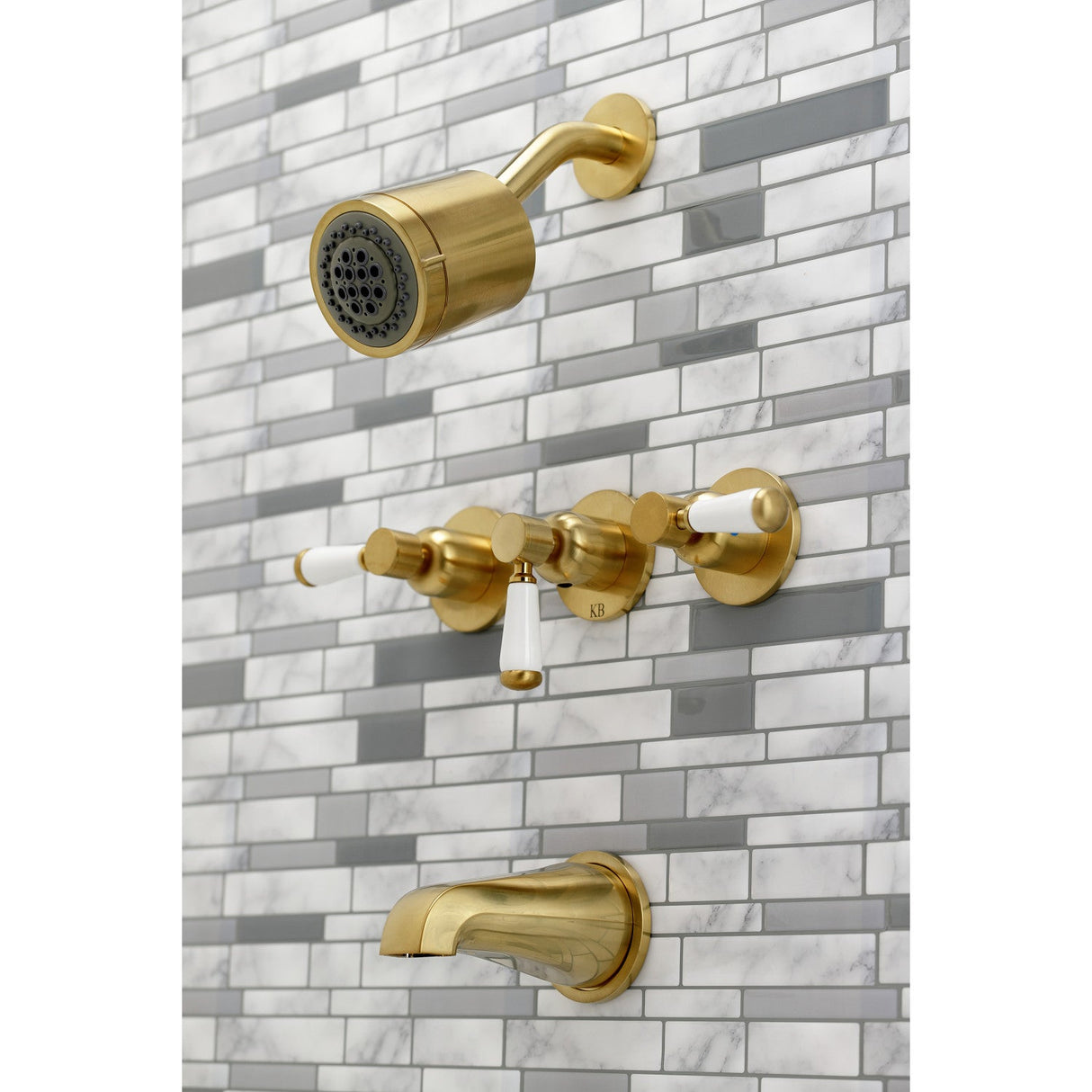 Paris KBX8137DPL Three-Handle 5-Hole Wall Mount Tub and Shower Faucet, Brushed Brass